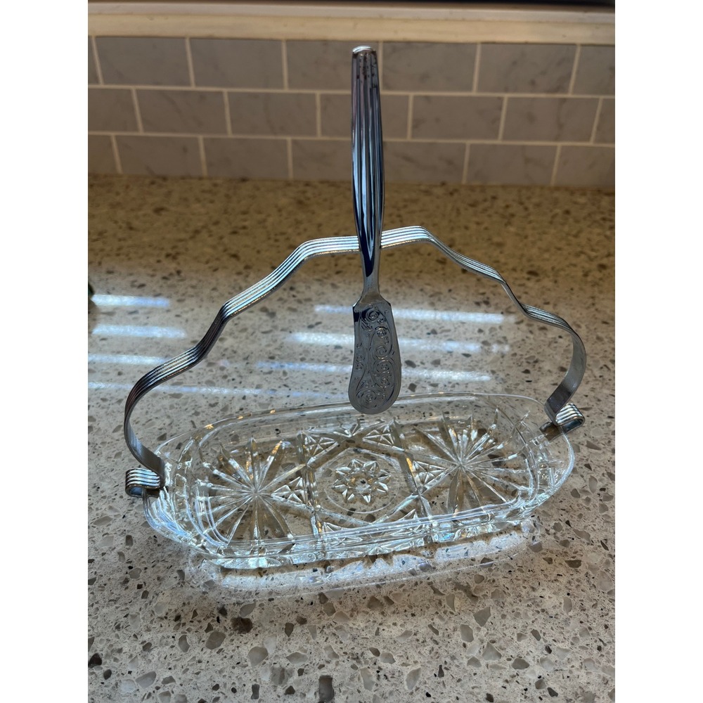Vintage Crystal Butter Server Set 3 Piece Made in England Chrome Spreader Box